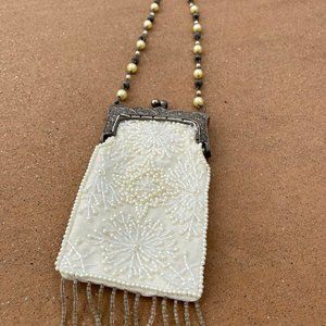 Vintage Handmade Beaded White Satin Coin Purse